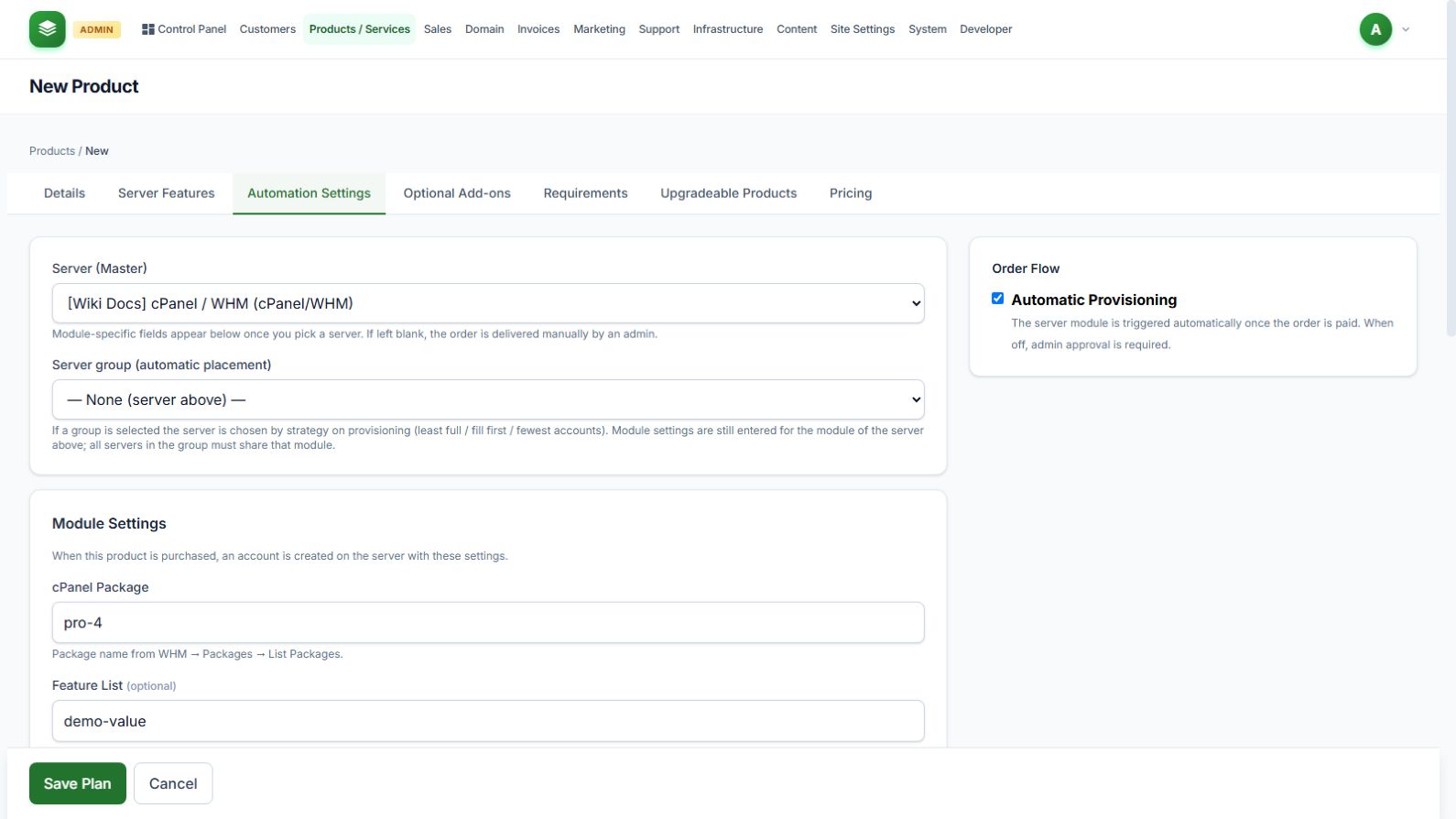 LucidCP product automation settings with a cPanel package and automatic provisioning enabled